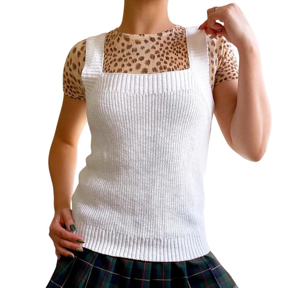 Tommy Bahama Y2K Earthy Whimsy Doen Style White Knitted Ribbed Linen Tank Top